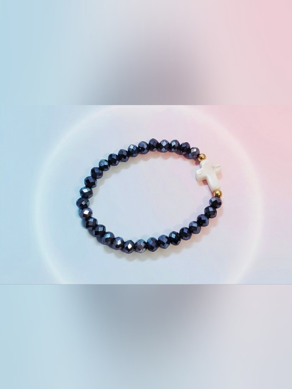 Black Hematite Beaded Bracelet with White Cross Accent